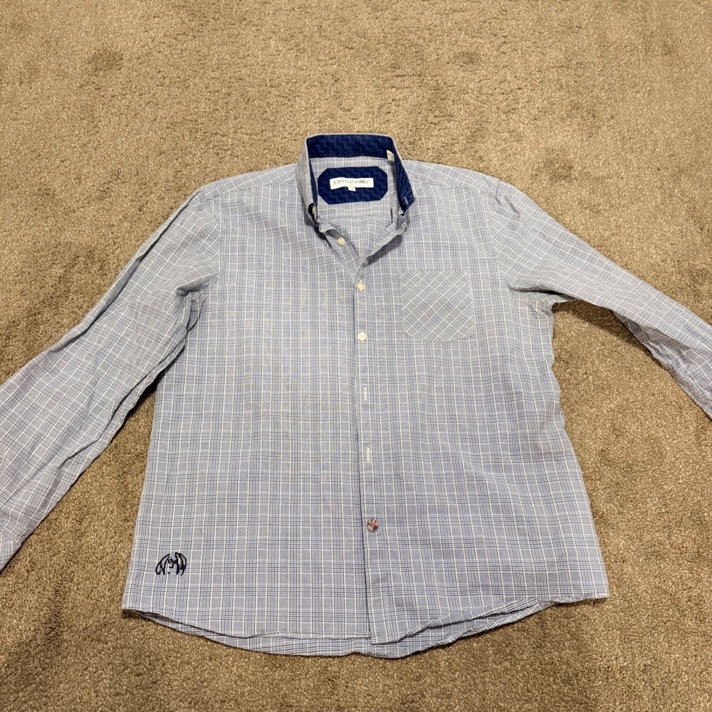 John Lennon Mens Blue Plaid Long Sleeve Button Down Shirt Large Houndstooth Trim